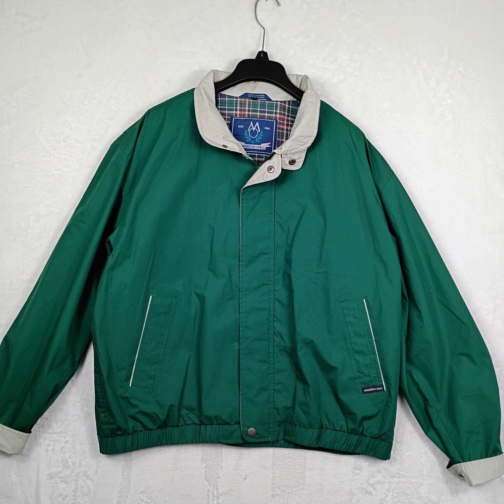 Members Only Mens XL Green Classic Bomber Jacket Windbreaker Plaid Lined Retro